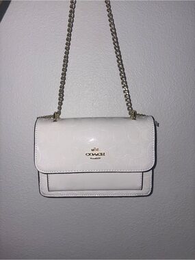 Coach White Patent Signature Crossbody with Gold Chain